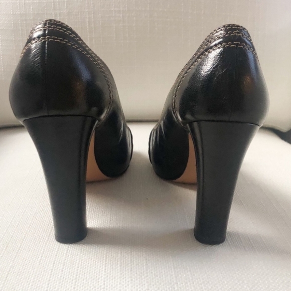 Coach Francie Peep-Toe Black Leather, Stitching, Buckle Accent Heels - Picture 3 of 6